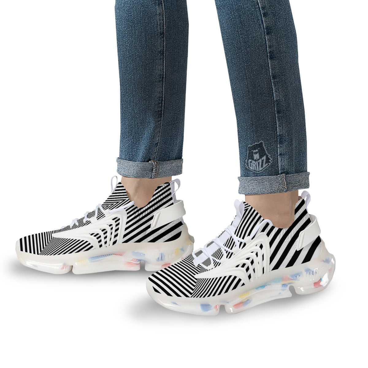 TriangularTunnel Black And White Print White Gym Shoes-grizzshop