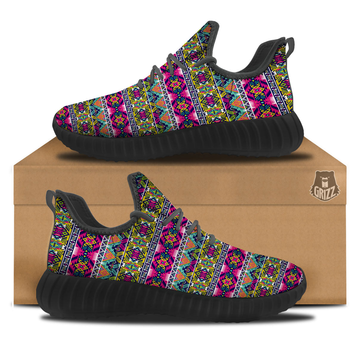 Tribal Aztec Colorful Print Pattern Black Walking Shoes-grizzshop