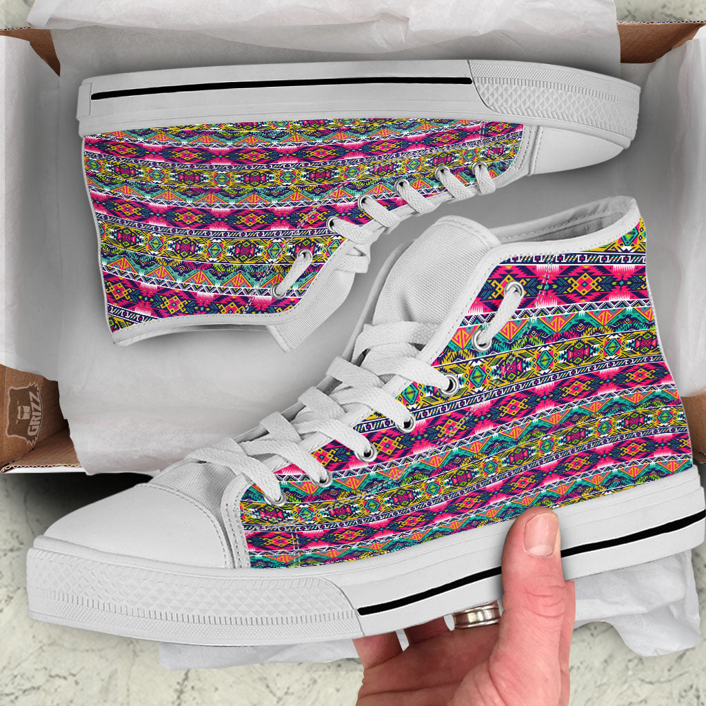 Tribal Aztec Colorful Print Pattern White High Top Shoes-grizzshop