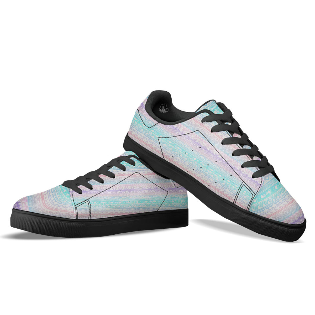 Tribal Aztec Pastel Print Pattern Black Low Top Sneakers-grizzshop