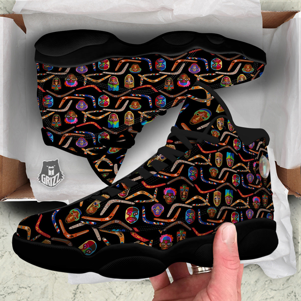 Tribal Boomerangs Print Pattern Black Basketball Shoes-grizzshop