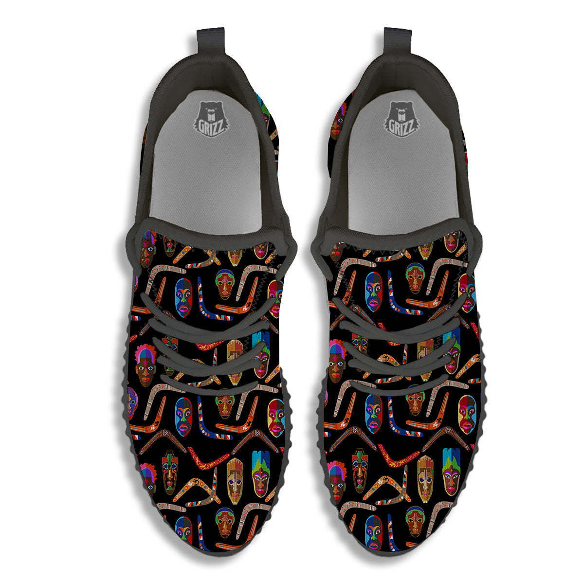 Tribal Boomerangs Print Pattern Black Walking Shoes-grizzshop