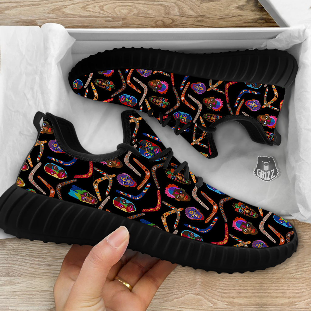 Tribal Boomerangs Print Pattern Black Walking Shoes-grizzshop