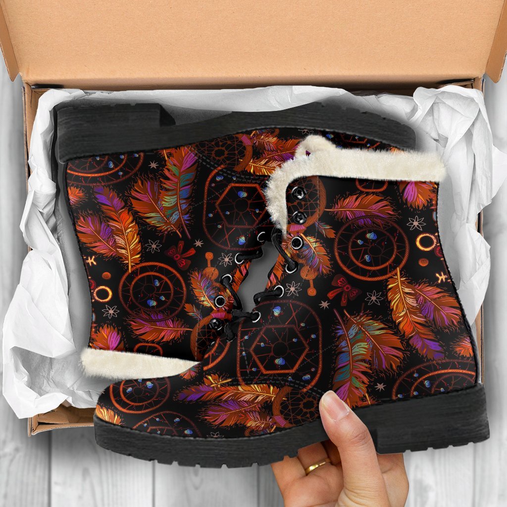 Tribal Dream Catcher Feather Pattern Print Comfy Winter Boots-grizzshop