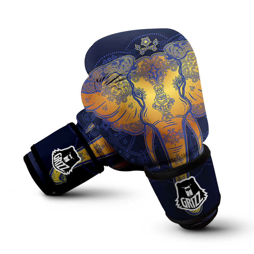 Tribal Elephant Gold And Blue Print Boxing Gloves-grizzshop