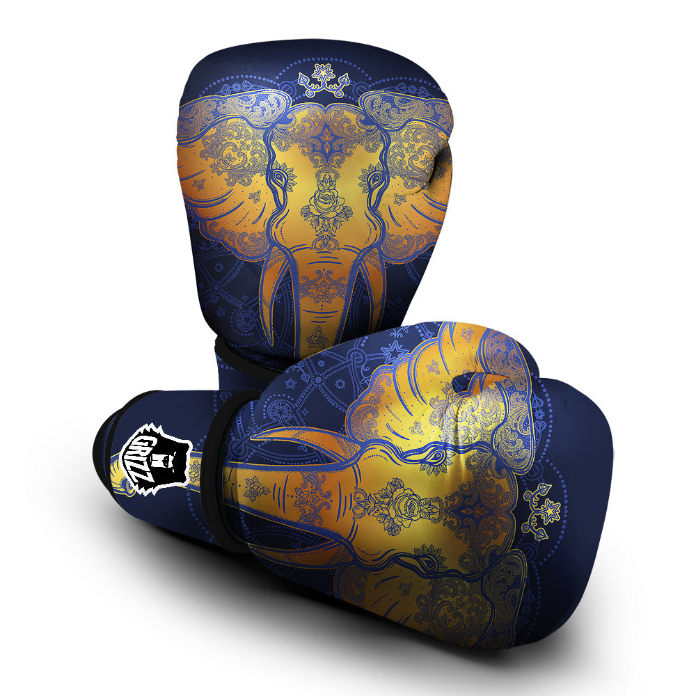 Tribal Elephant Gold And Blue Print Boxing Gloves-grizzshop