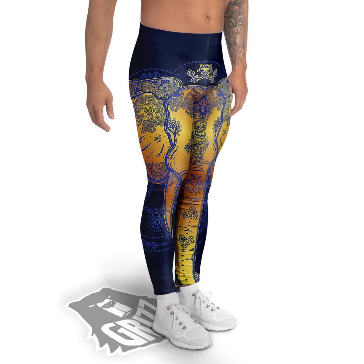Tribal Elephant Gold And Blue Print Men's Leggings-grizzshop