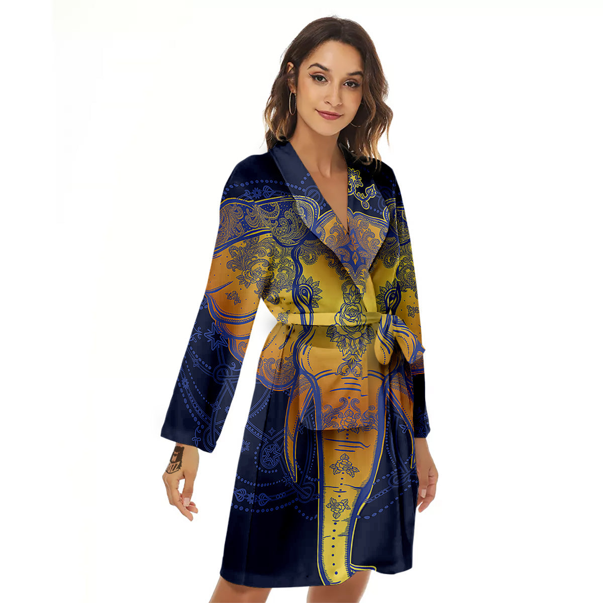 Tribal Elephant Gold And Blue Print Women's Robe-grizzshop