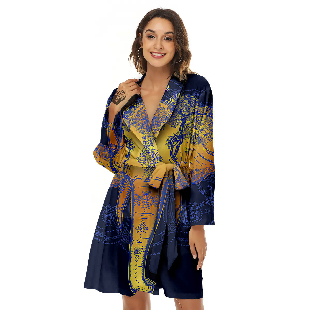 Tribal Elephant Gold And Blue Print Women's Robe-grizzshop