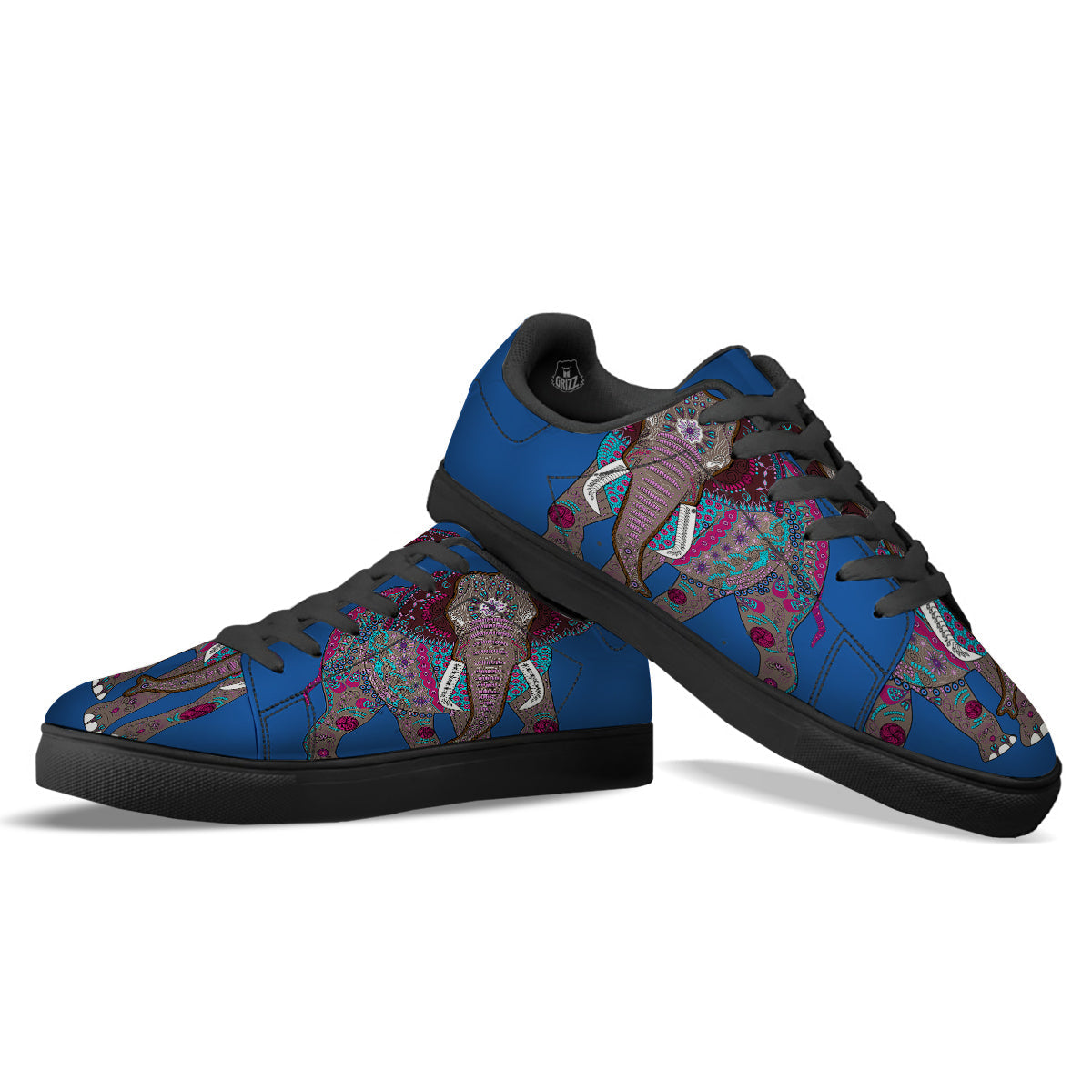 Tribal Elephant Indian Cute Print Black Low Top Sneakers-grizzshop