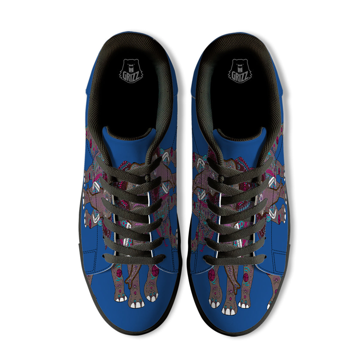 Tribal Elephant Indian Cute Print Black Low Top Sneakers-grizzshop