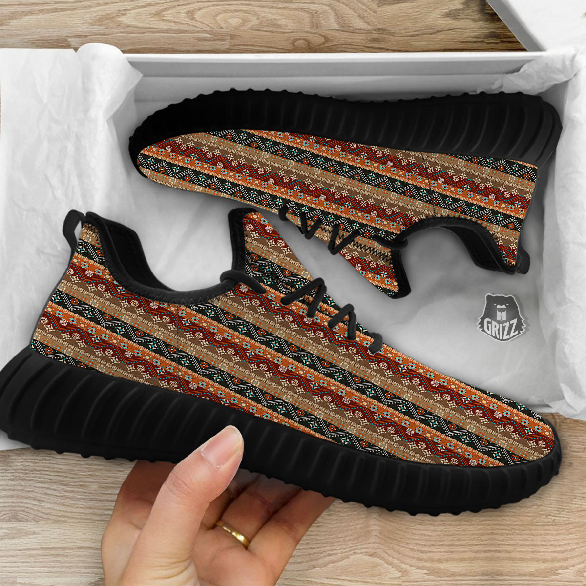 Tribal Ethnic Boho Print Pattern Black Walking Shoes-grizzshop