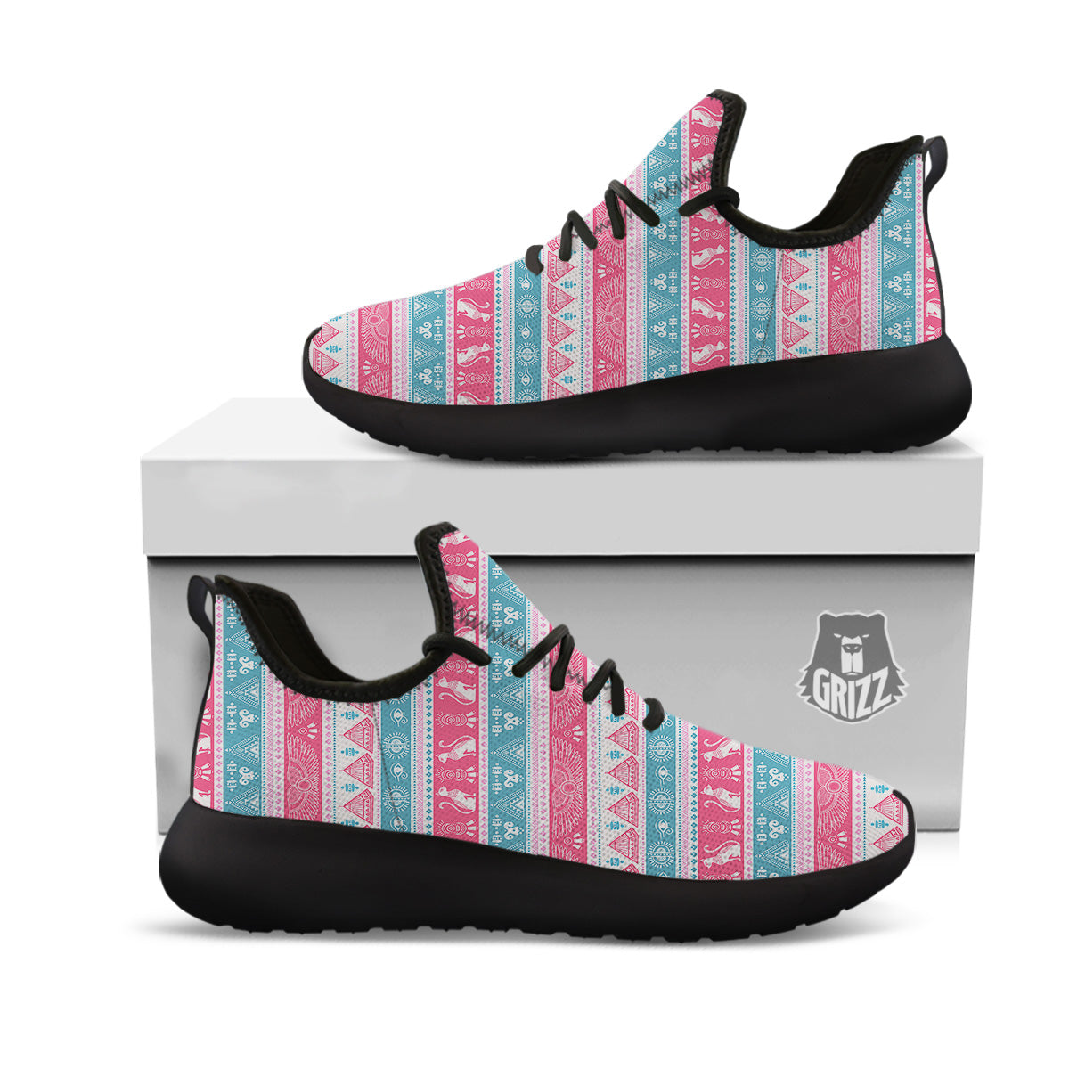 Tribal Ethnic Pink Blue Egypt Print Pattern Black Athletic Shoes-grizzshop