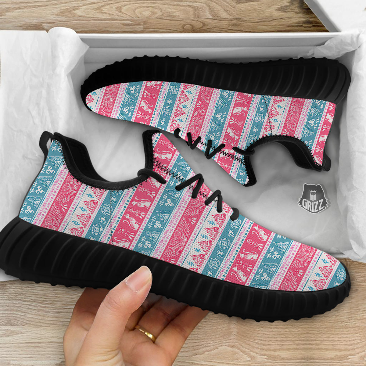 Tribal Ethnic Pink Blue Egypt Print Pattern Black Walking Shoes-grizzshop