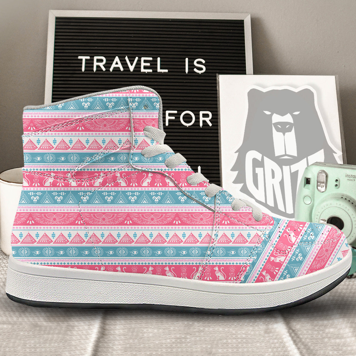Tribal Ethnic Pink Blue Egypt Print Pattern High Top Sneakers-grizzshop