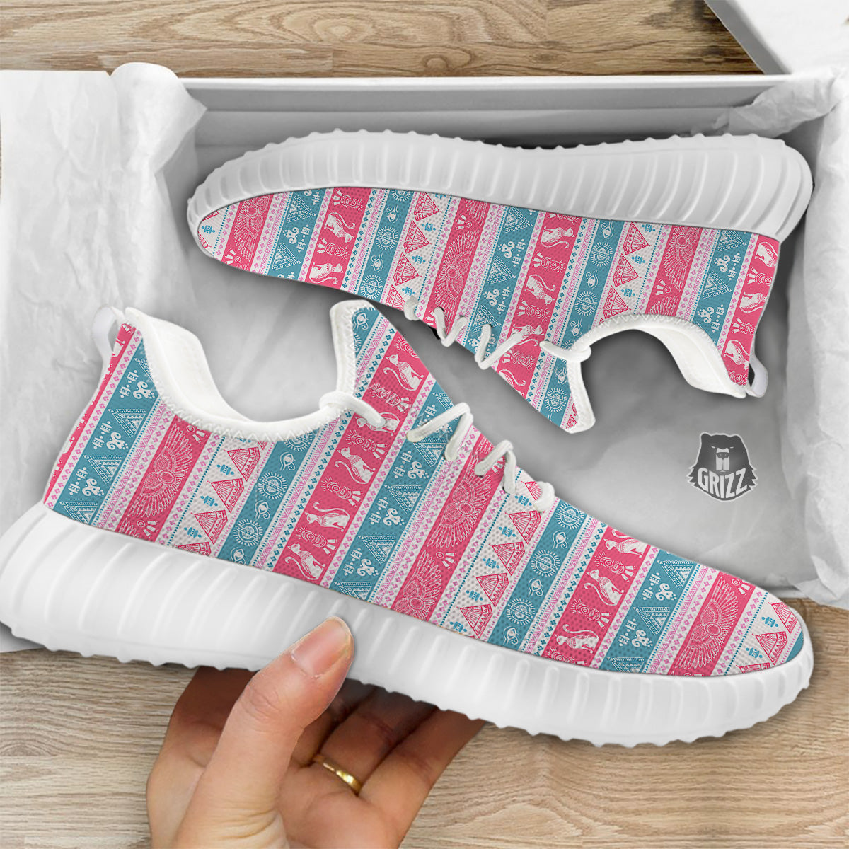 Tribal Ethnic Pink Blue Egypt Print Pattern White Walking Shoes-grizzshop