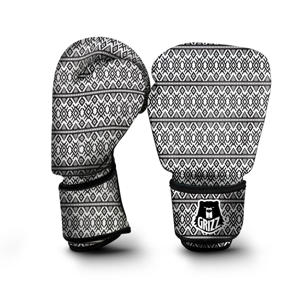 Tribal Geometric White And Black Print Boxing Gloves-grizzshop