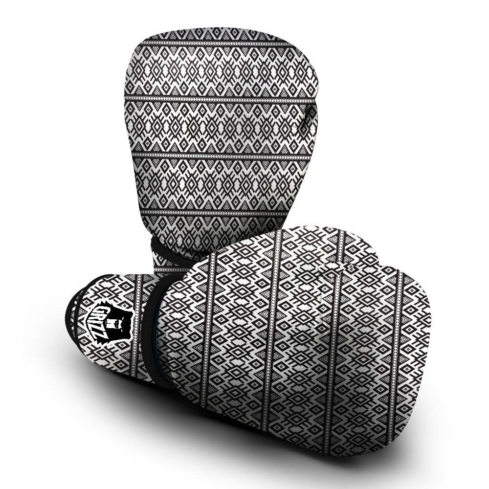 Tribal Geometric White And Black Print Boxing Gloves-grizzshop