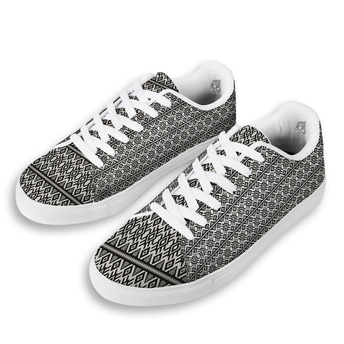 Tribal Geometric White And Black Print White Low Top Sneakers-grizzshop