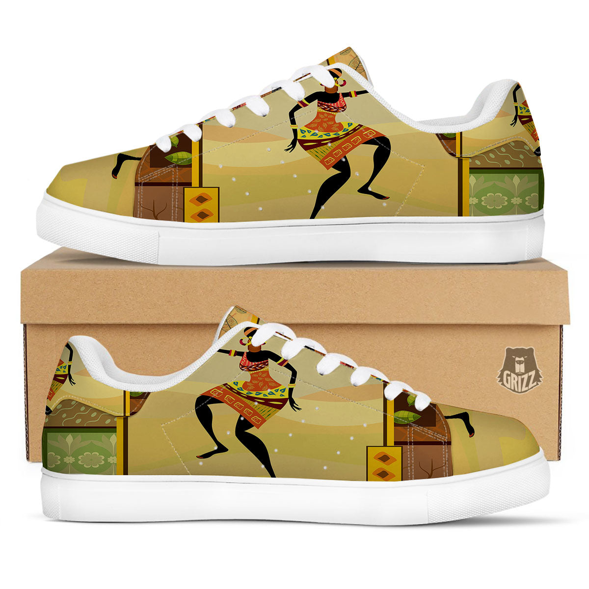 Tribal Inspired African Ethnic Print White Low Top Sneakers-grizzshop