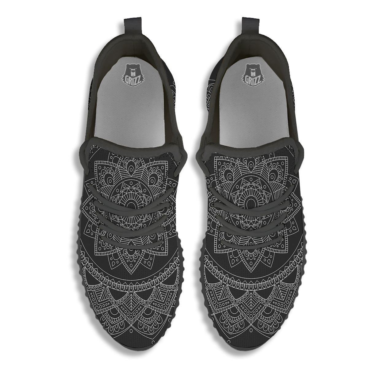 Tribal Mandala White And Black Print Black Walking Shoes-grizzshop