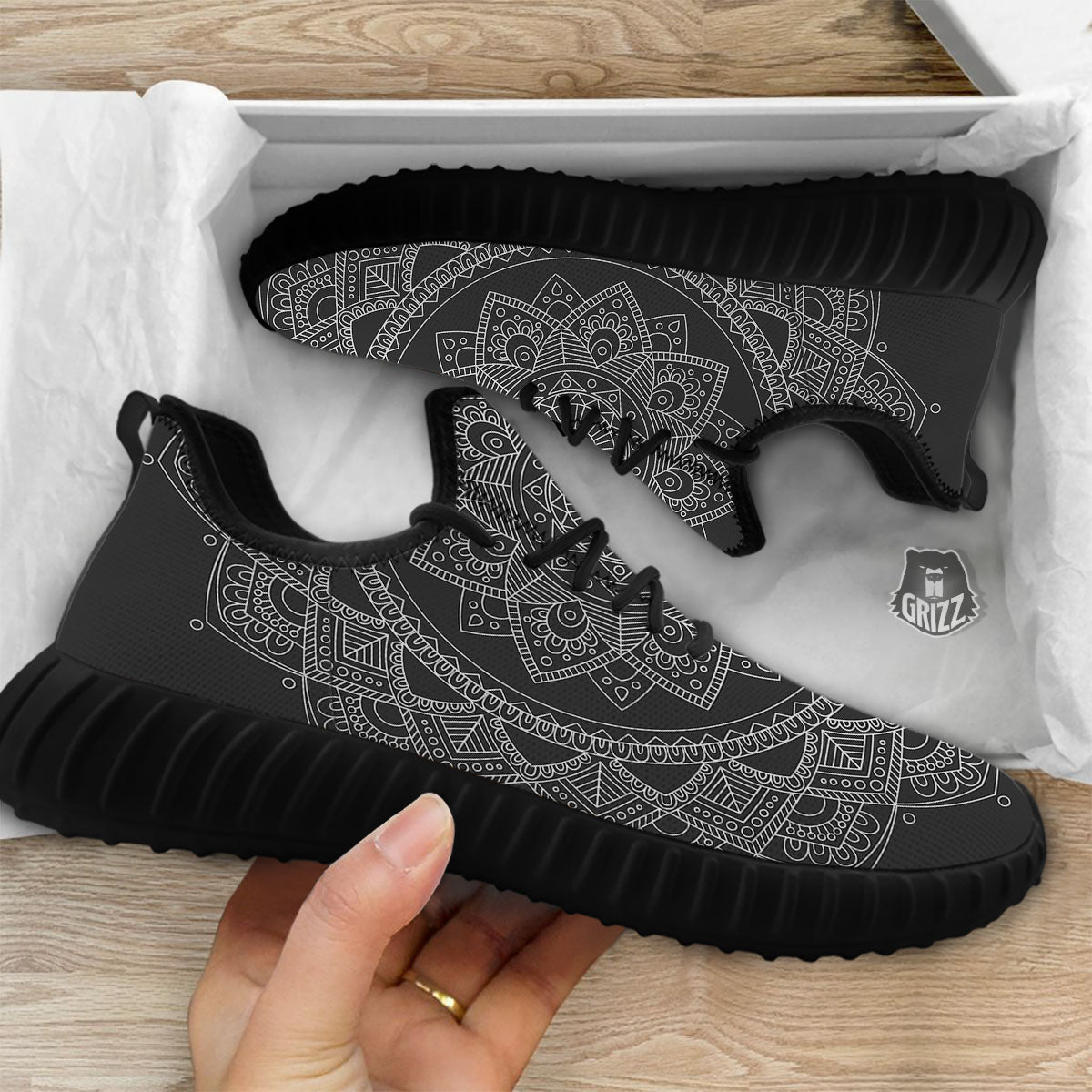 Tribal Mandala White And Black Print Black Walking Shoes-grizzshop