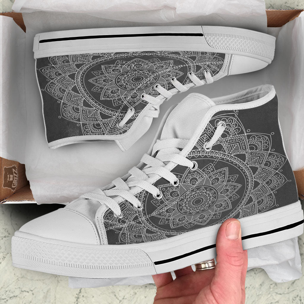 Tribal Mandala White And Black Print White High Top Shoes-grizzshop