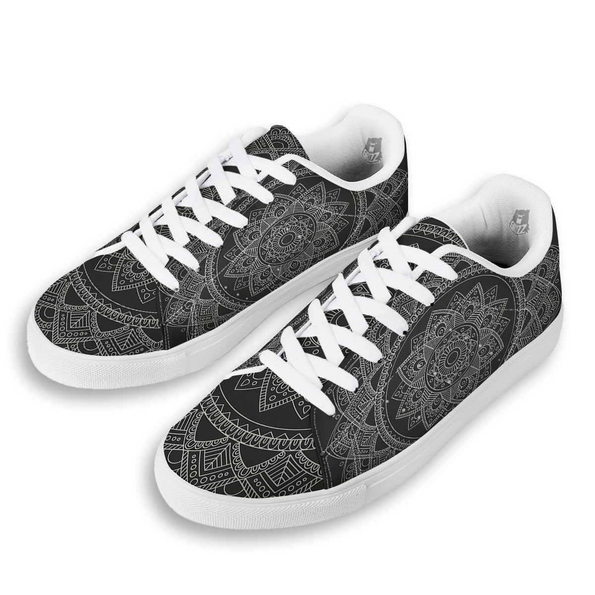 Tribal Mandala White And Black Print White Low Top Sneakers-grizzshop