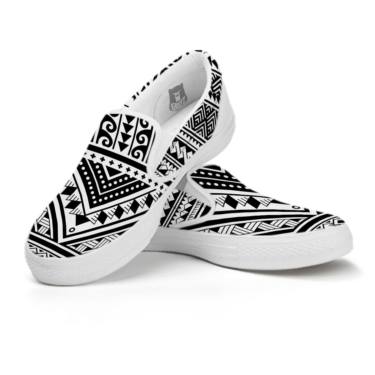 Tribal Maori Polynesian Tattoo Print White Slip On Shoes-grizzshop