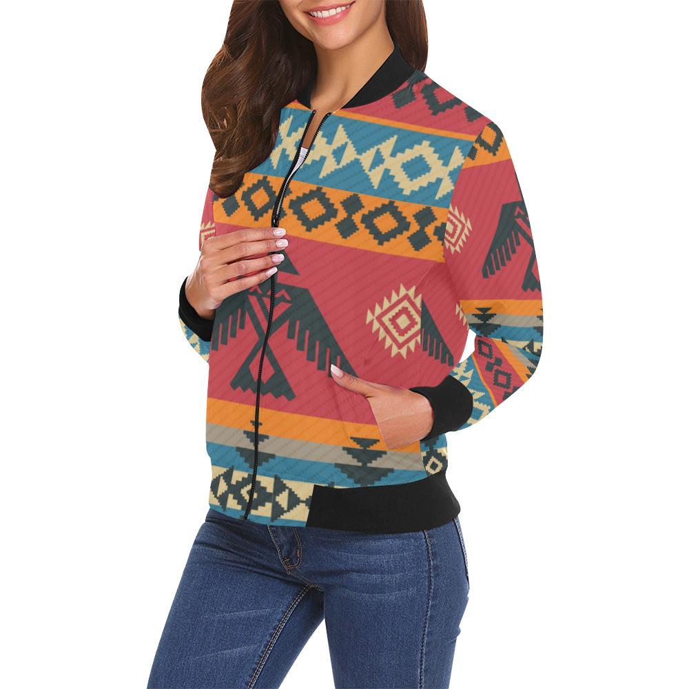 Tribal Navajo Native Indians American Aztec Print Women Casual Bomber Jacket-grizzshop