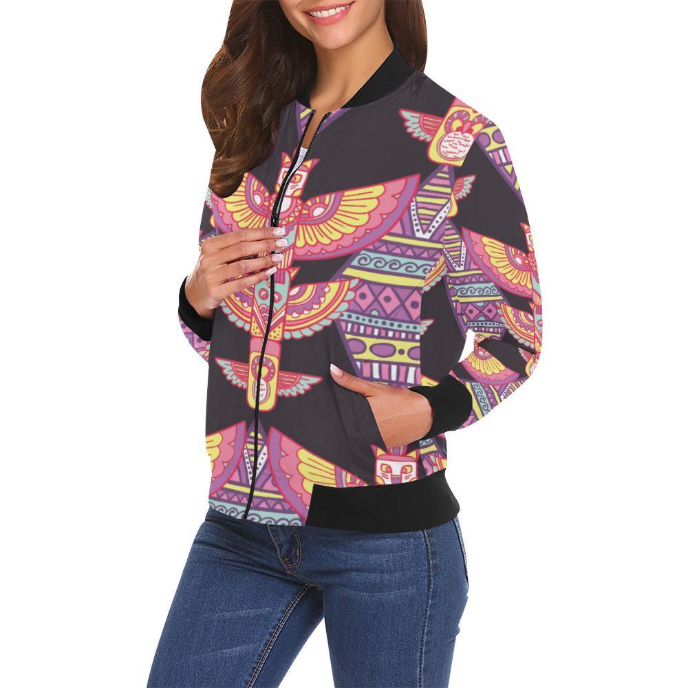 Tribal Aztec Native American Navajo Indians Print Women Casual Bomber Jacket-grizzshop