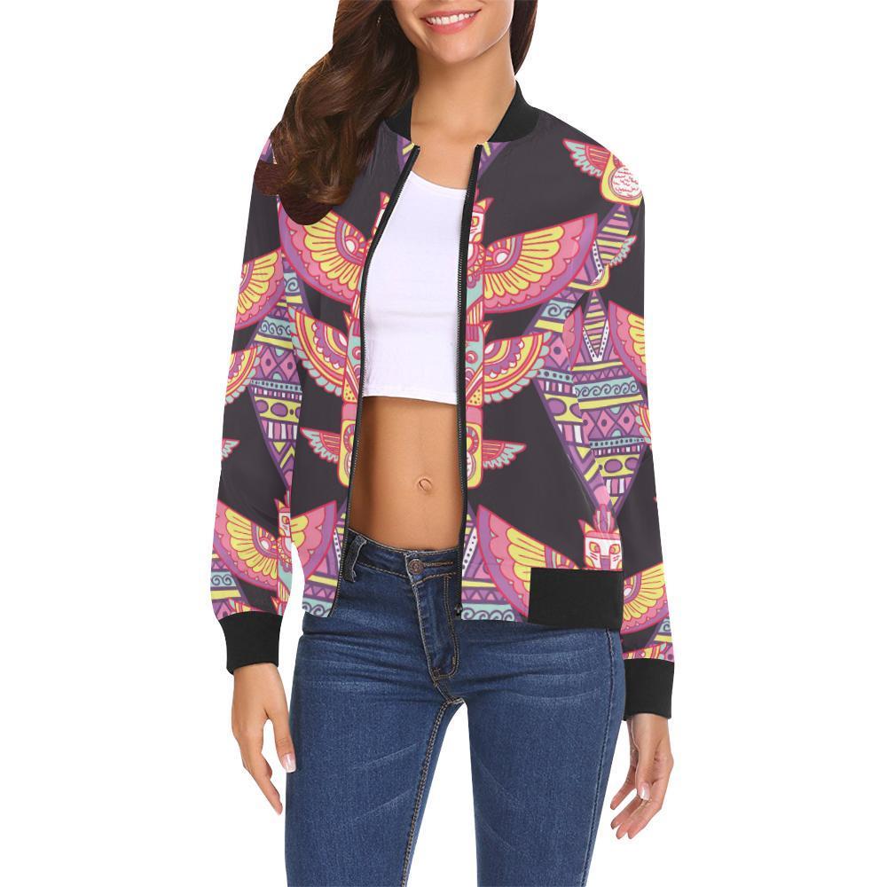 Tribal Aztec Native American Navajo Indians Print Women Casual Bomber Jacket-grizzshop