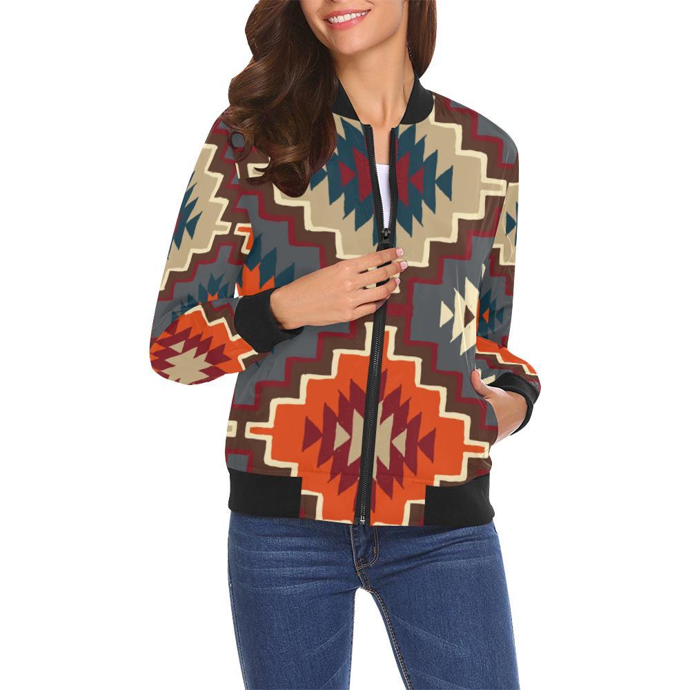 Tribal Indians Native American Aztec Navajo Print Women Casual Bomber Jacket-grizzshop