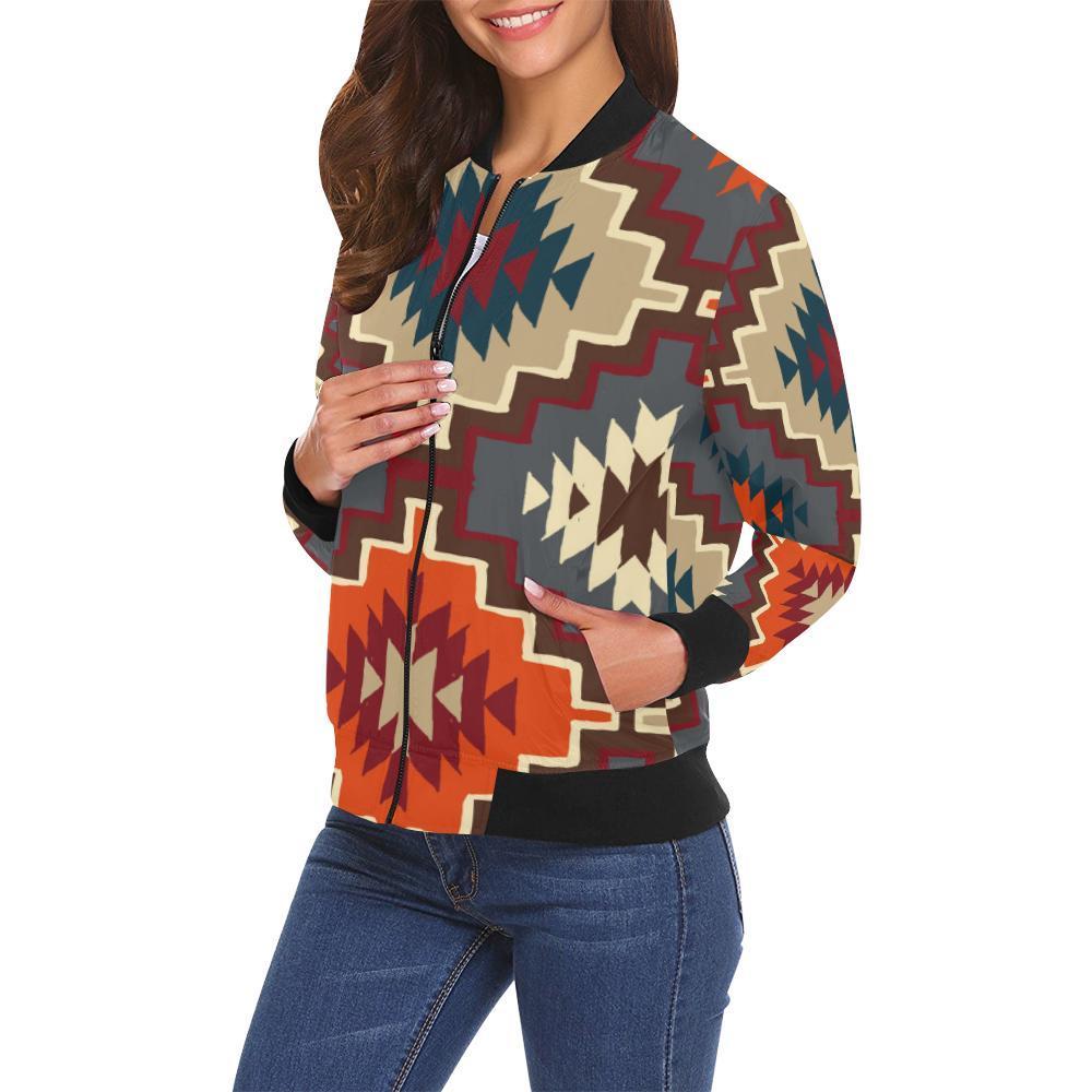 Tribal Indians Native American Aztec Navajo Print Women Casual Bomber Jacket-grizzshop