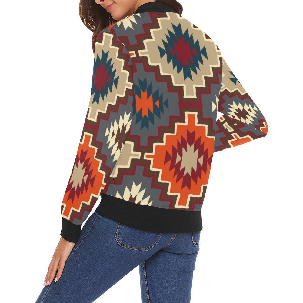 Tribal Indians Native American Aztec Navajo Print Women Casual Bomber Jacket-grizzshop