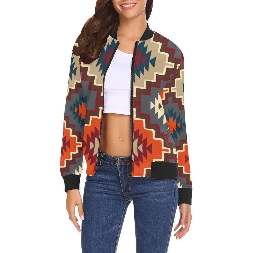 Tribal Indians Native American Aztec Navajo Print Women Casual Bomber Jacket-grizzshop