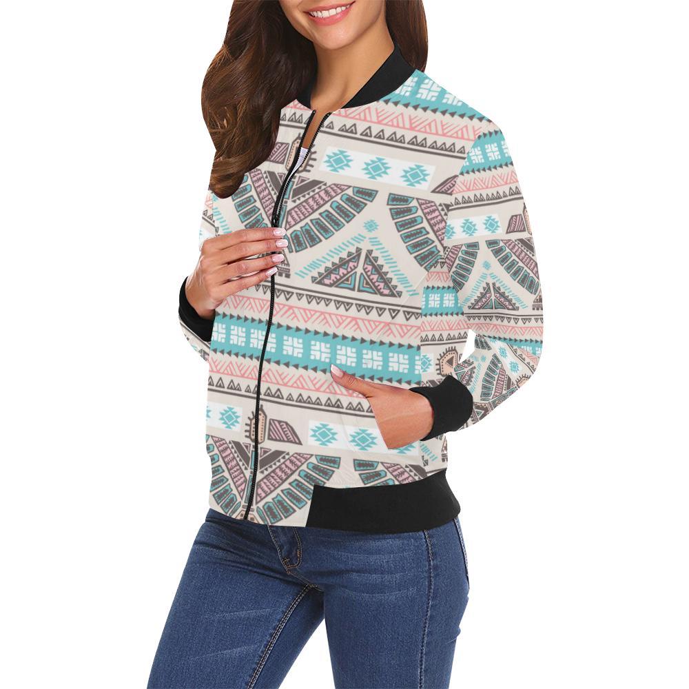 Tribal Native Indians American Aztec Navajo Print Women Casual Bomber Jacket-grizzshop