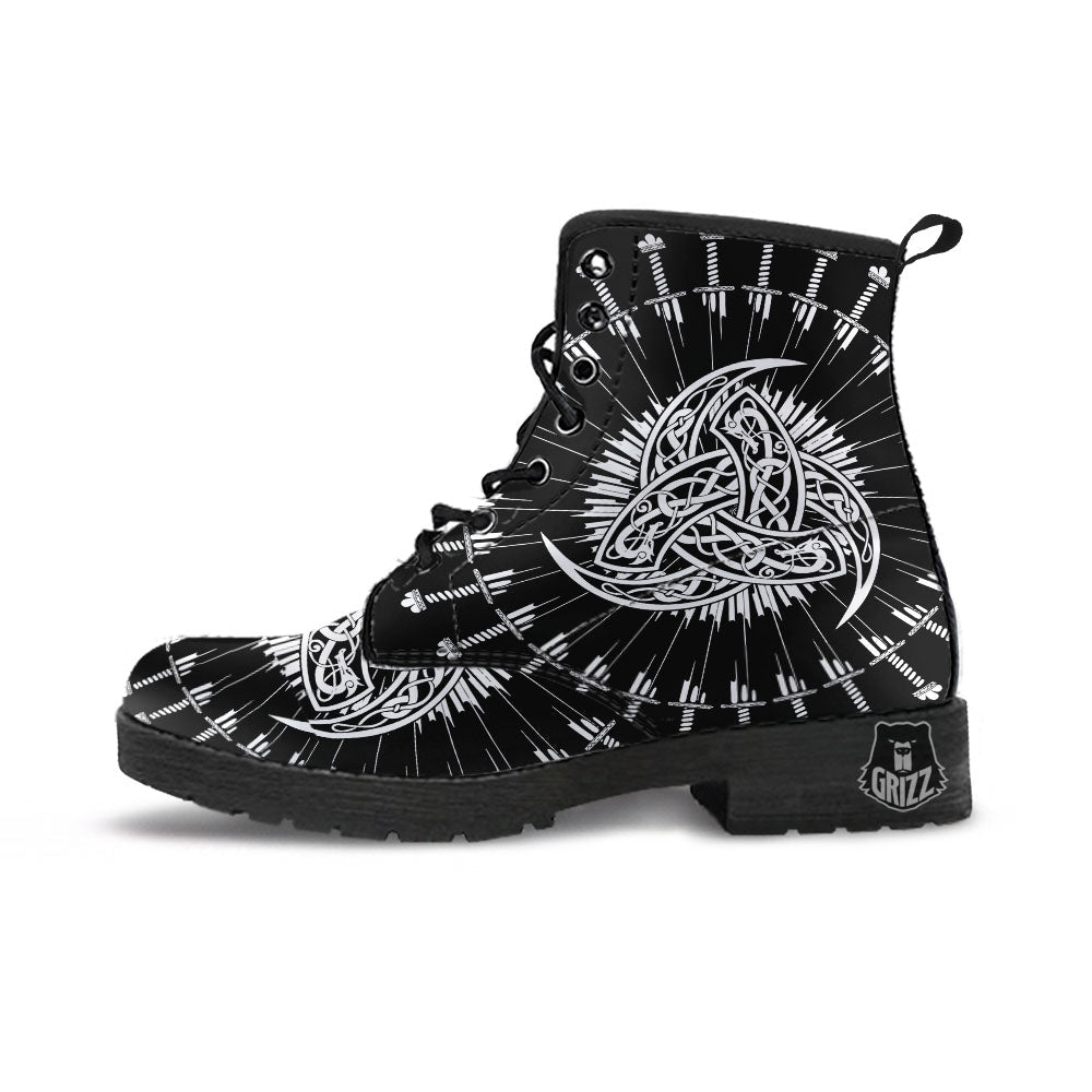 Triple Horn Of Odin Viking Print Leather Boots-grizzshop