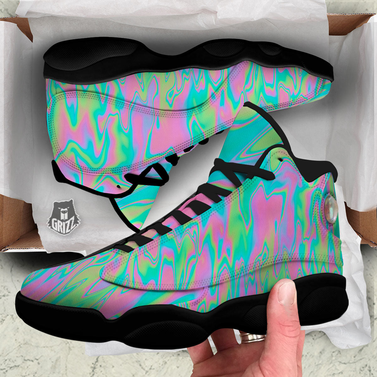 Trippy Abstract Holographic Print Black Basketball Shoes-grizzshop