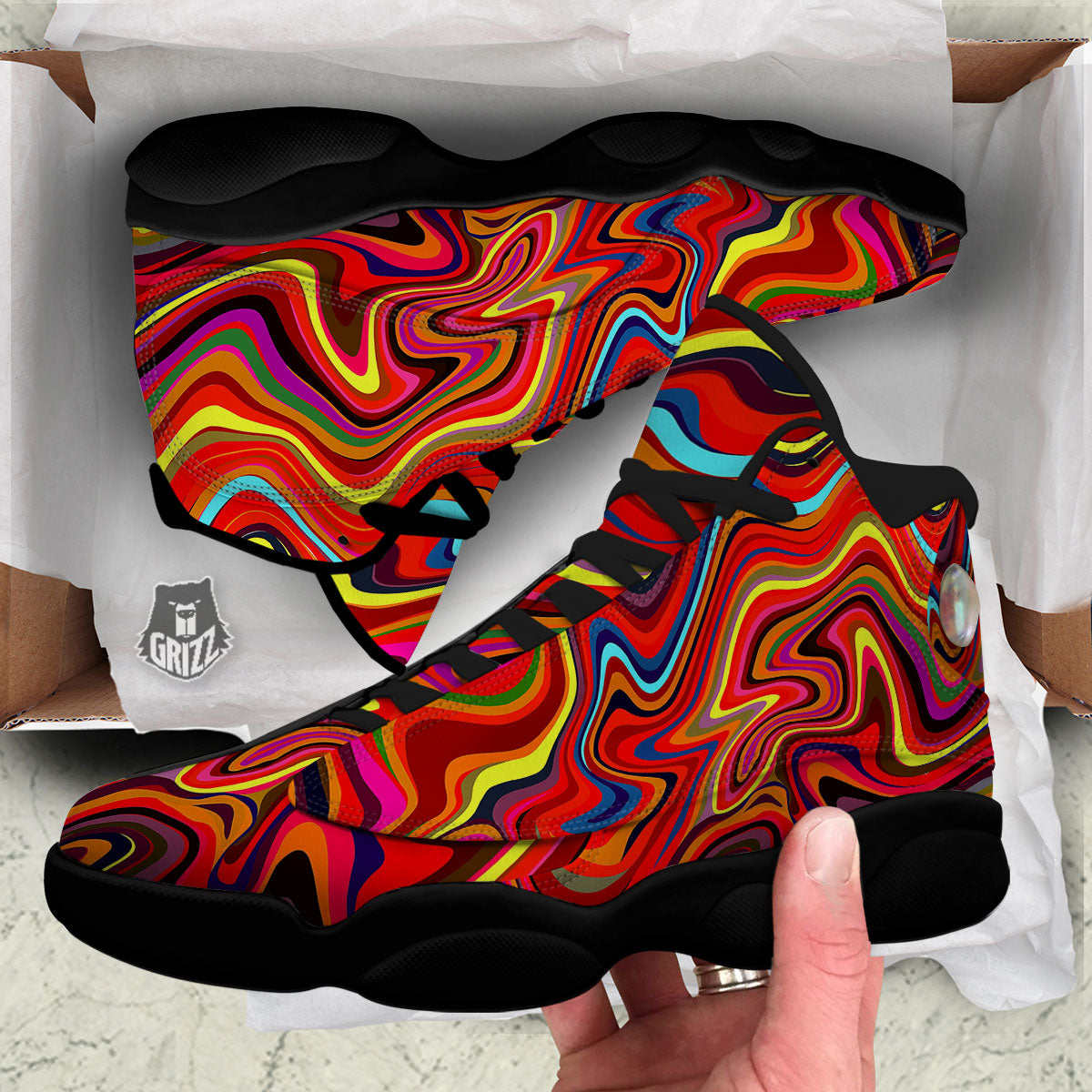 Trippy Abstract Liquid Print Black Basketball Shoes-grizzshop