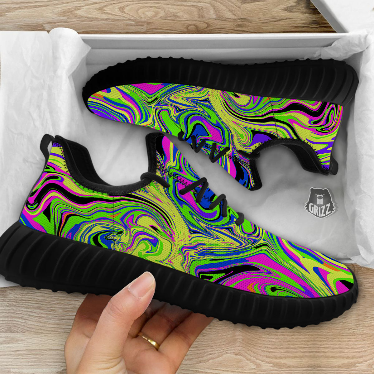Trippy Abstract Neon Print Black Walking Shoes-grizzshop