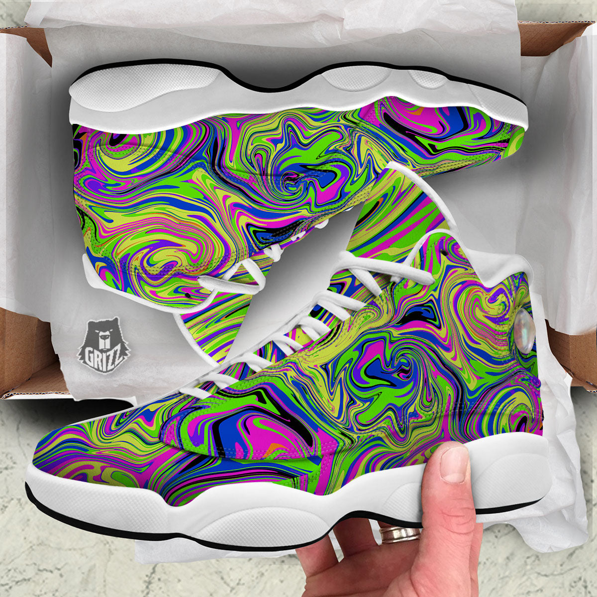 Trippy Abstract Neon Print White Basketball Shoes-grizzshop