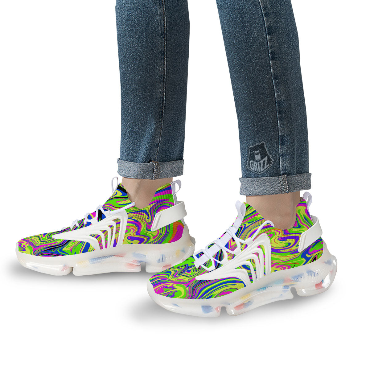 Trippy Abstract Neon Print White Gym Shoes-grizzshop