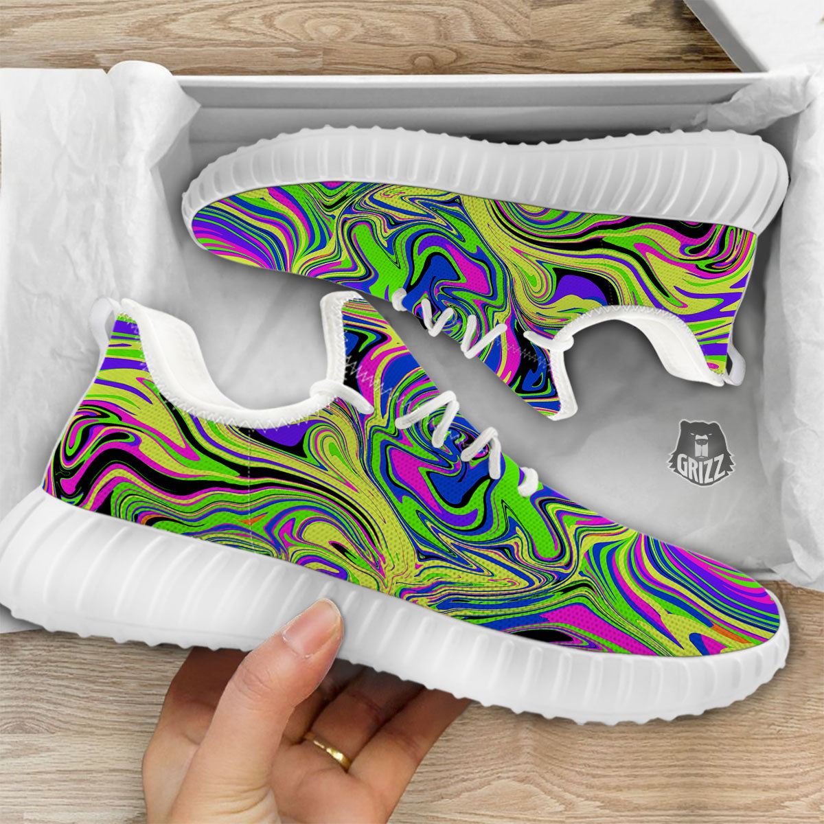 Trippy Abstract Neon Print White Walking Shoes-grizzshop