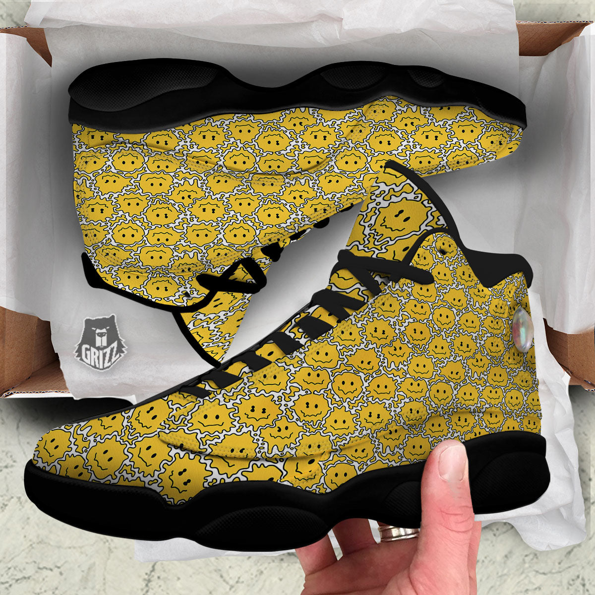 Trippy Abstract Psychedelic Emoji Print Black Basketball Shoes-grizzshop