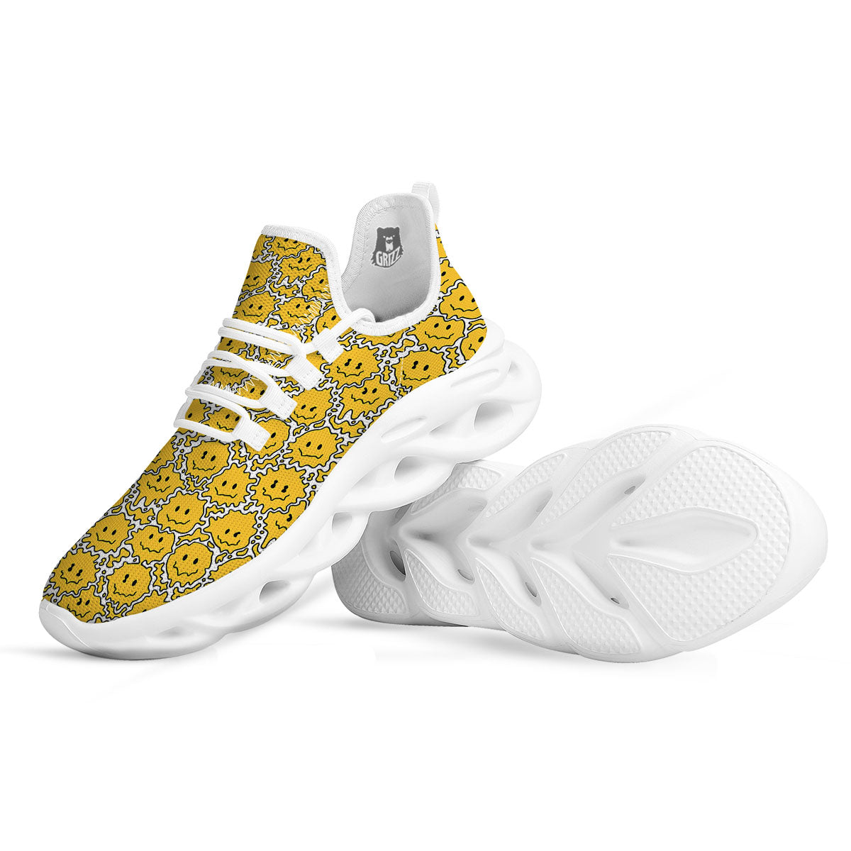 Trippy Abstract Psychedelic Emoji Print White Running Shoes-grizzshop