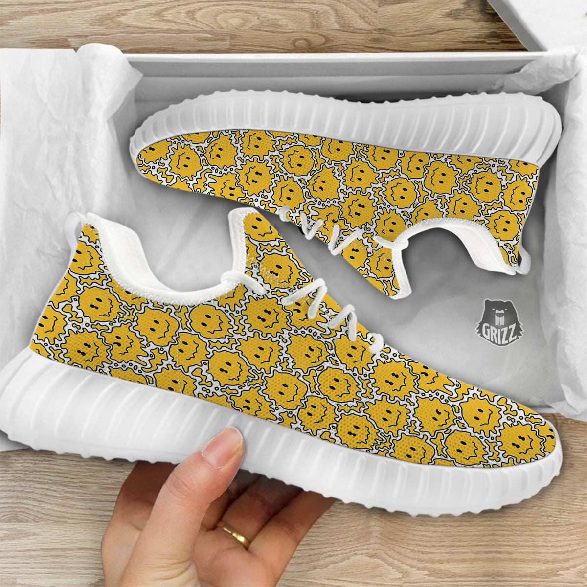 Trippy Abstract Psychedelic Emoji Print White Walking Shoes-grizzshop