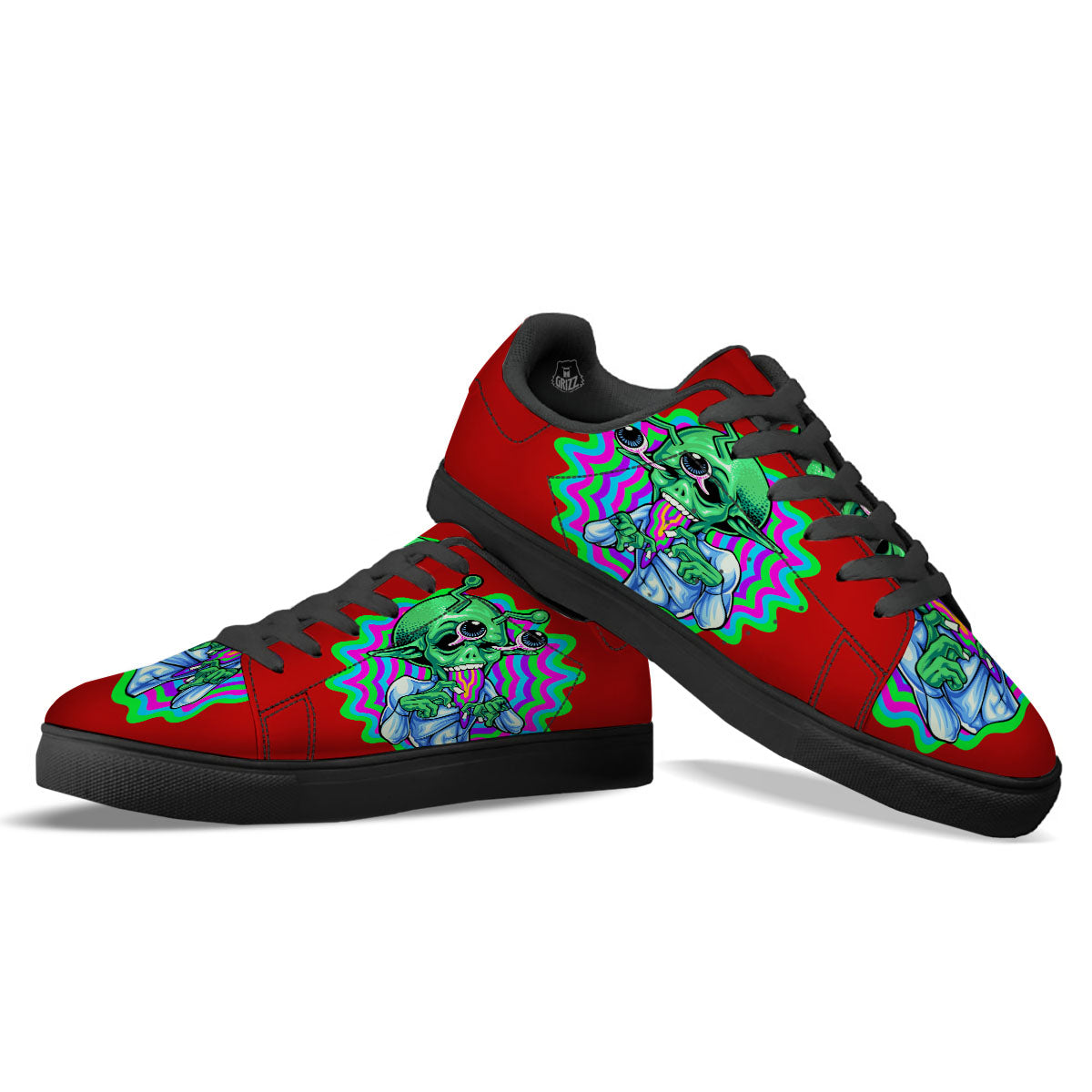 Trippy Alien Crazy Print Black Low Top Sneakers-grizzshop