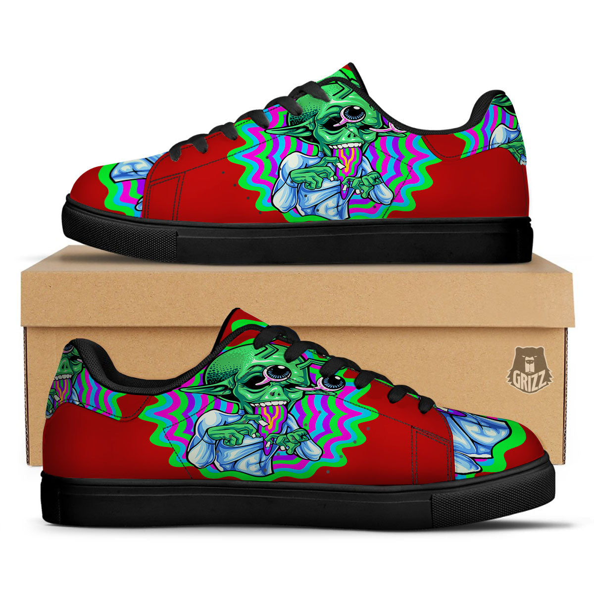 Trippy Alien Crazy Print Black Low Top Sneakers-grizzshop
