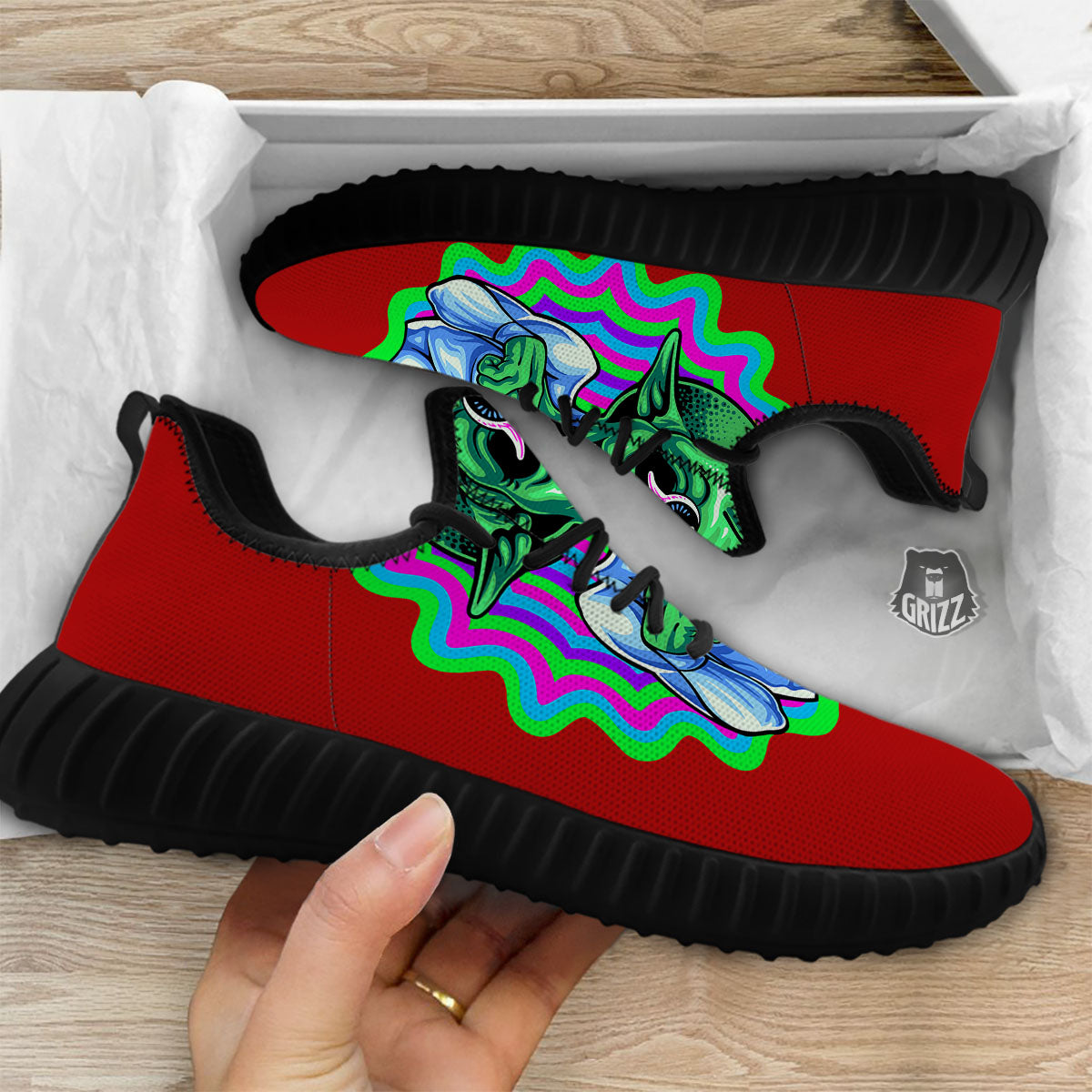 Trippy Alien Crazy Print Black Walking Shoes-grizzshop
